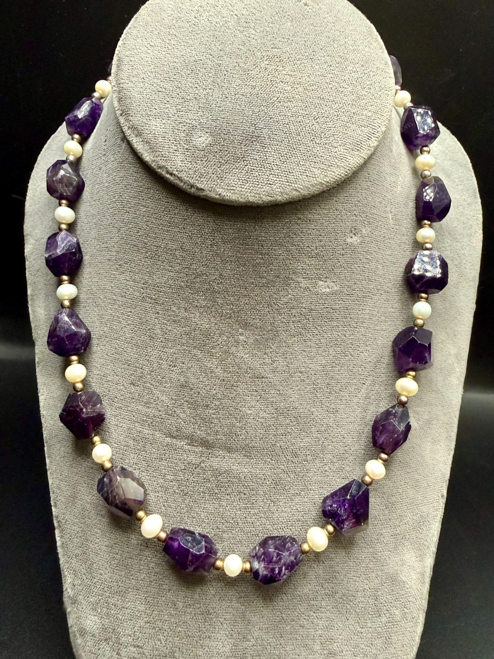 Natural Faceted Chevron Amethyst & Freshwater Pearl Toggle Necklace 51g